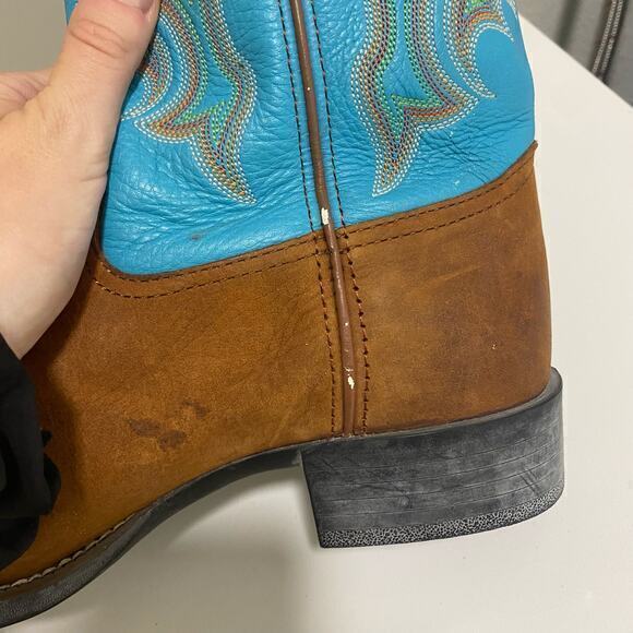 Tony Lama Brown and Blue Ankle Boots with Western Flair - Picture 8 of 10